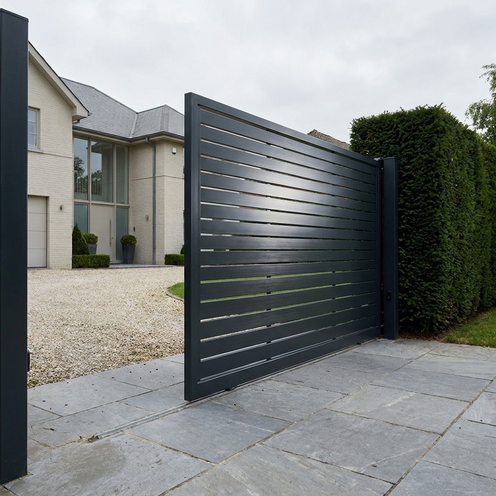 Powder-coated electric swing gates at a Hertfordshire driveway entrance