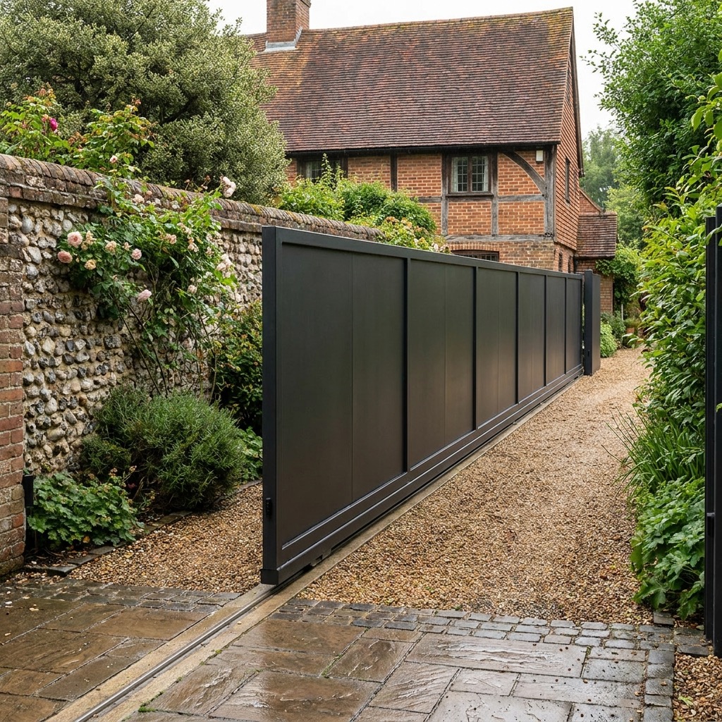 Contemporary sliding gate system with discreet automation