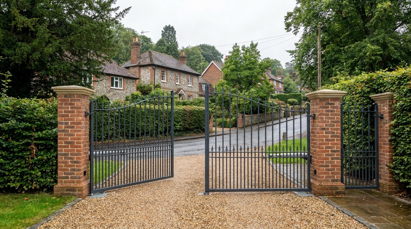 Wide view of automatic gates and Berkhamsted driveway