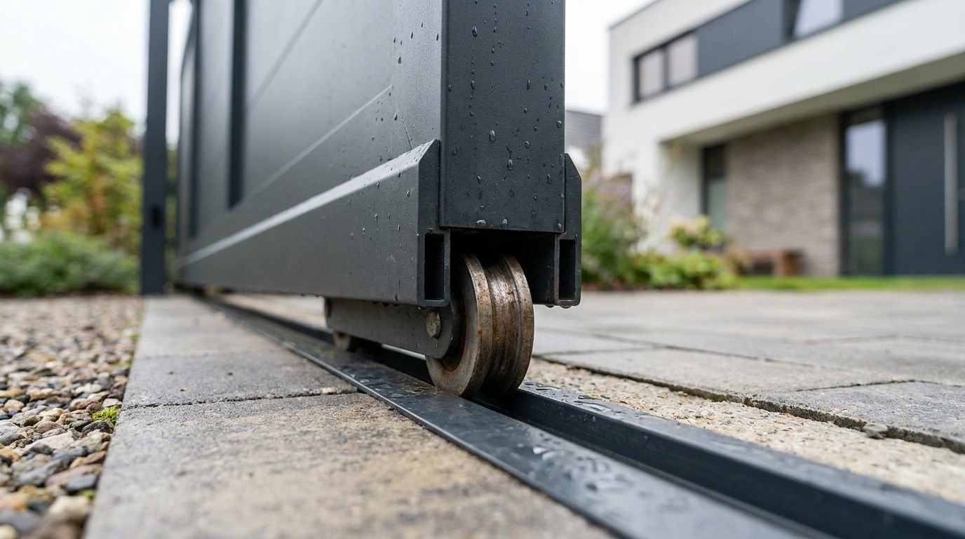 Detail of sliding gate track and wheel on a Bishop's Stortford installation