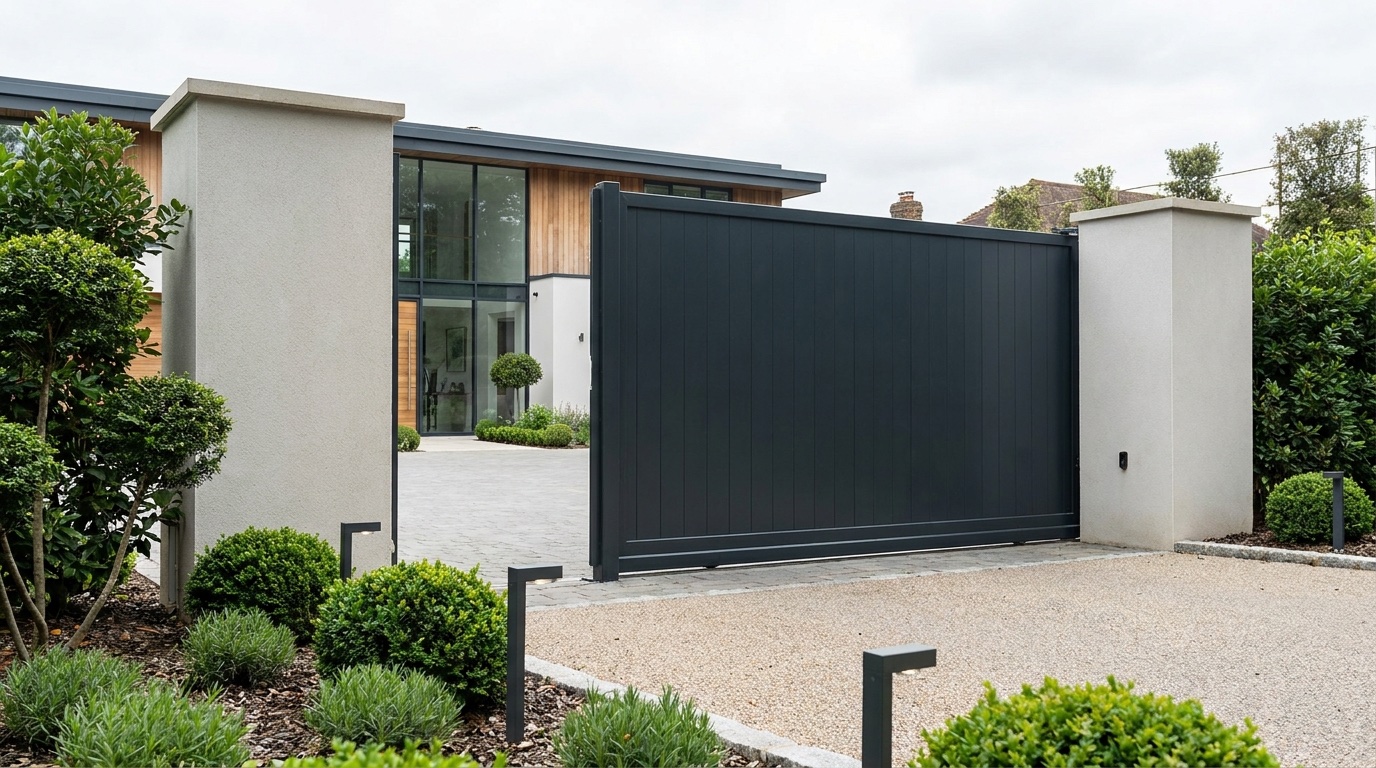 Wide view of sliding gate and modern Bishop's Stortford driveway