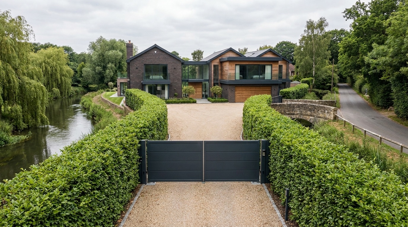 Wide view of automatic swing gates at a Broxbourne riverside property