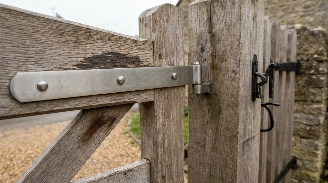 Close detail of hardwood gate joinery and ironmongery