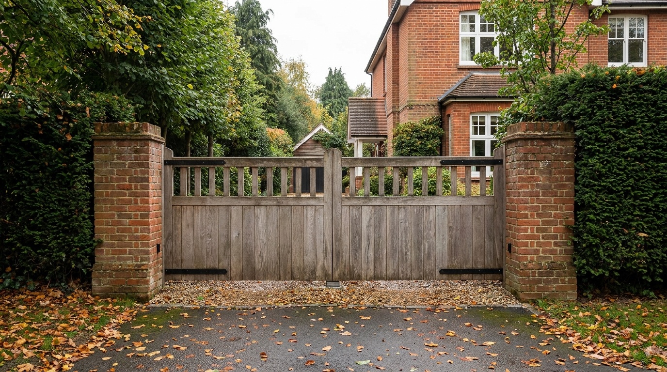 Wide view of timber swing gates and village driveway