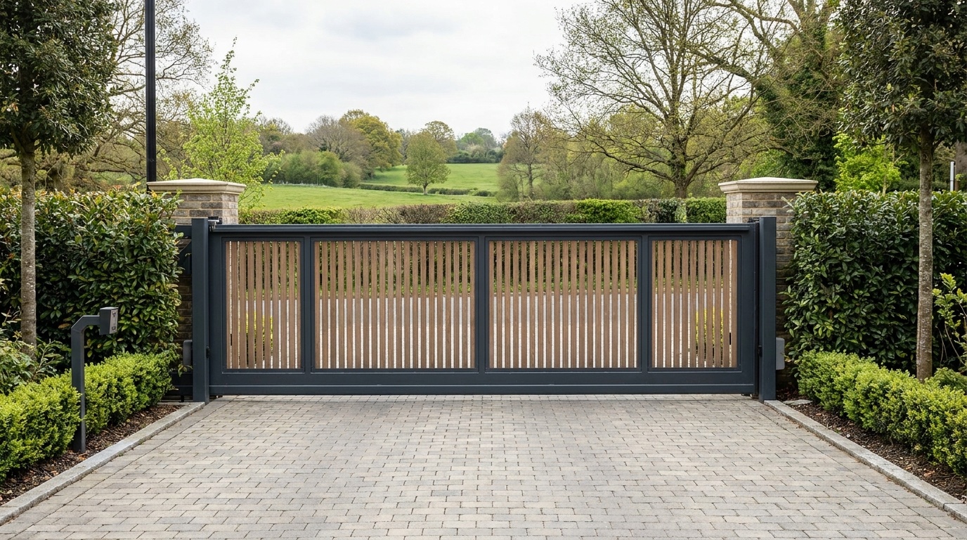 Modern automatic driveway gates at a Hatfield family home