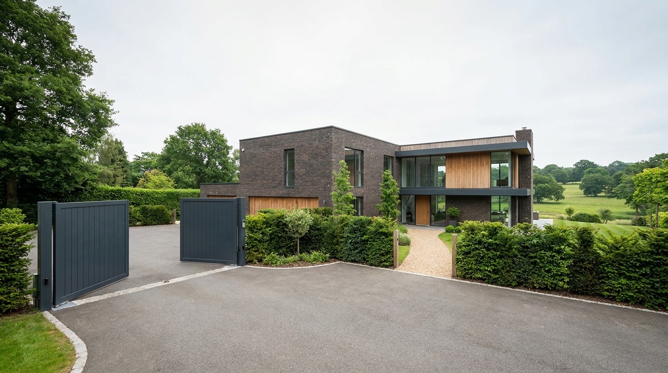 Wide view of modern driveway gates at a Hatfield executive home