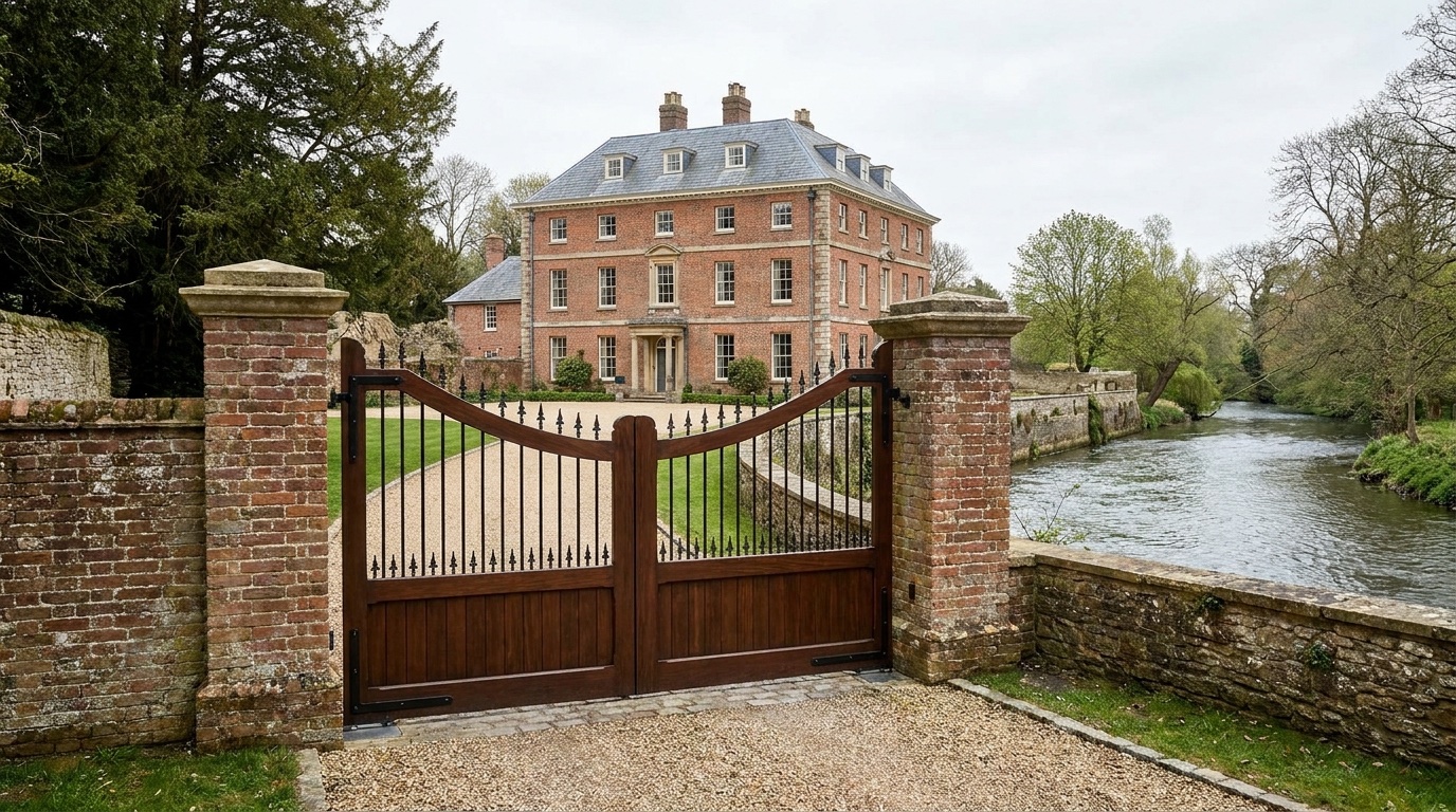 Wide view of automated gates and Hertford driveway