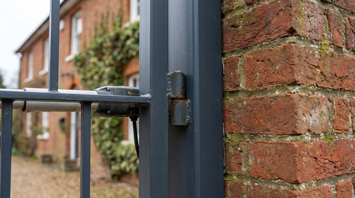 Close detail of swing gate automation and hinge hardware