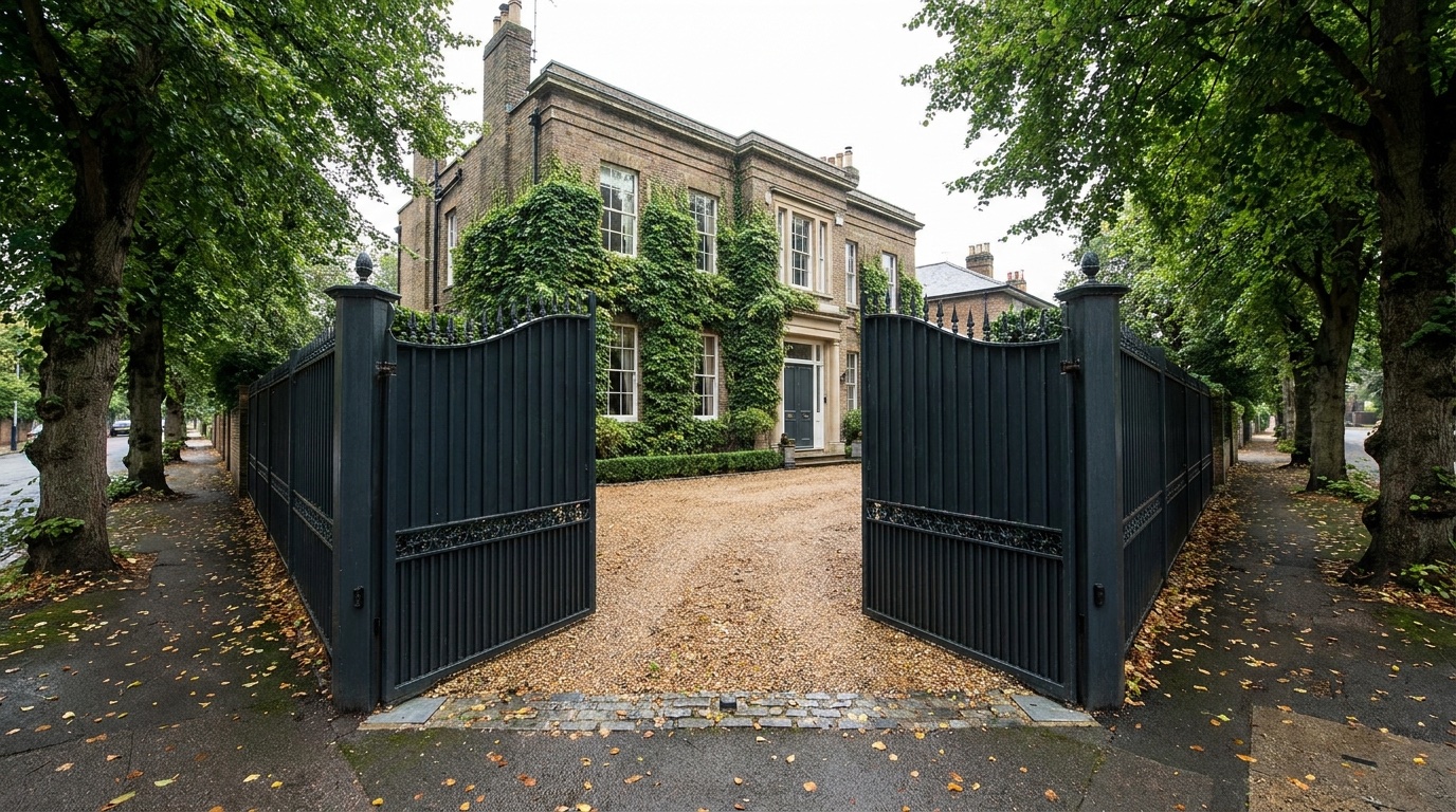 Wide view of the gated driveway entrance in St Albans