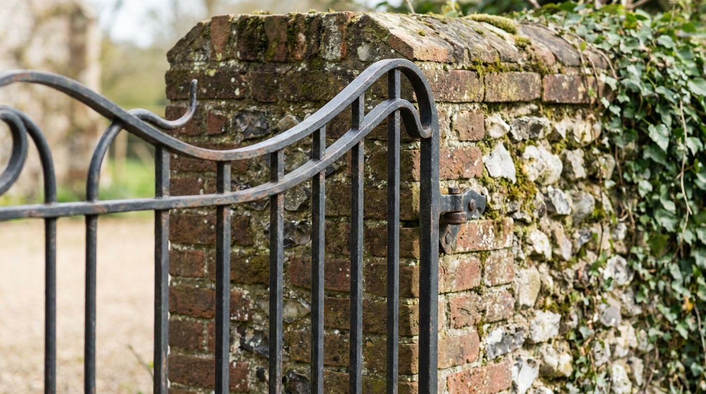 Detail of period gate design and brick pier mounting