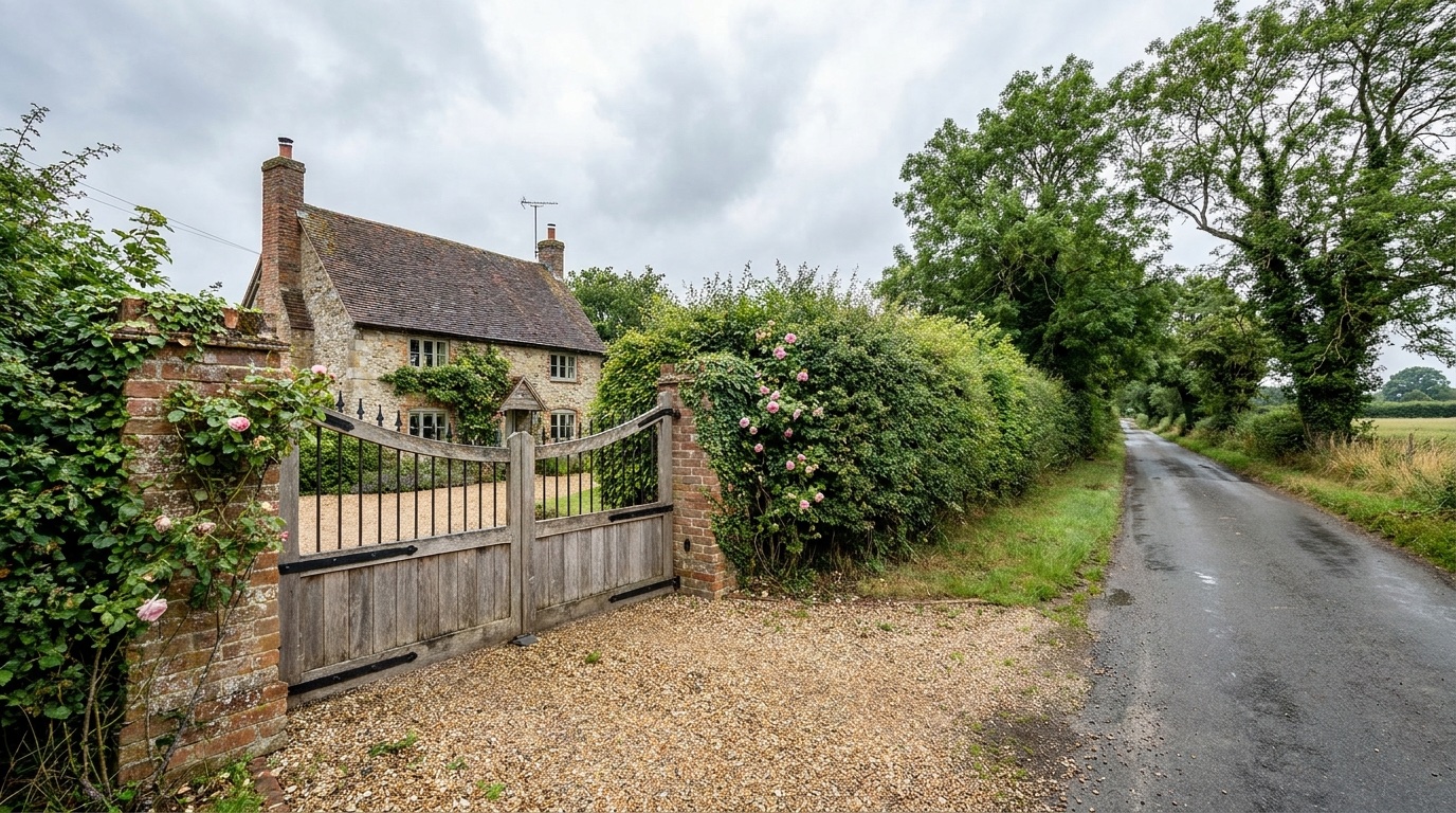 Wide view of electric entrance gates in Ware