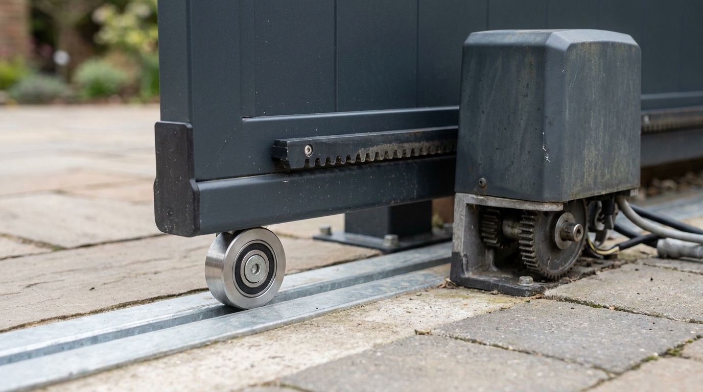 Detail of sliding gate track and motor housing