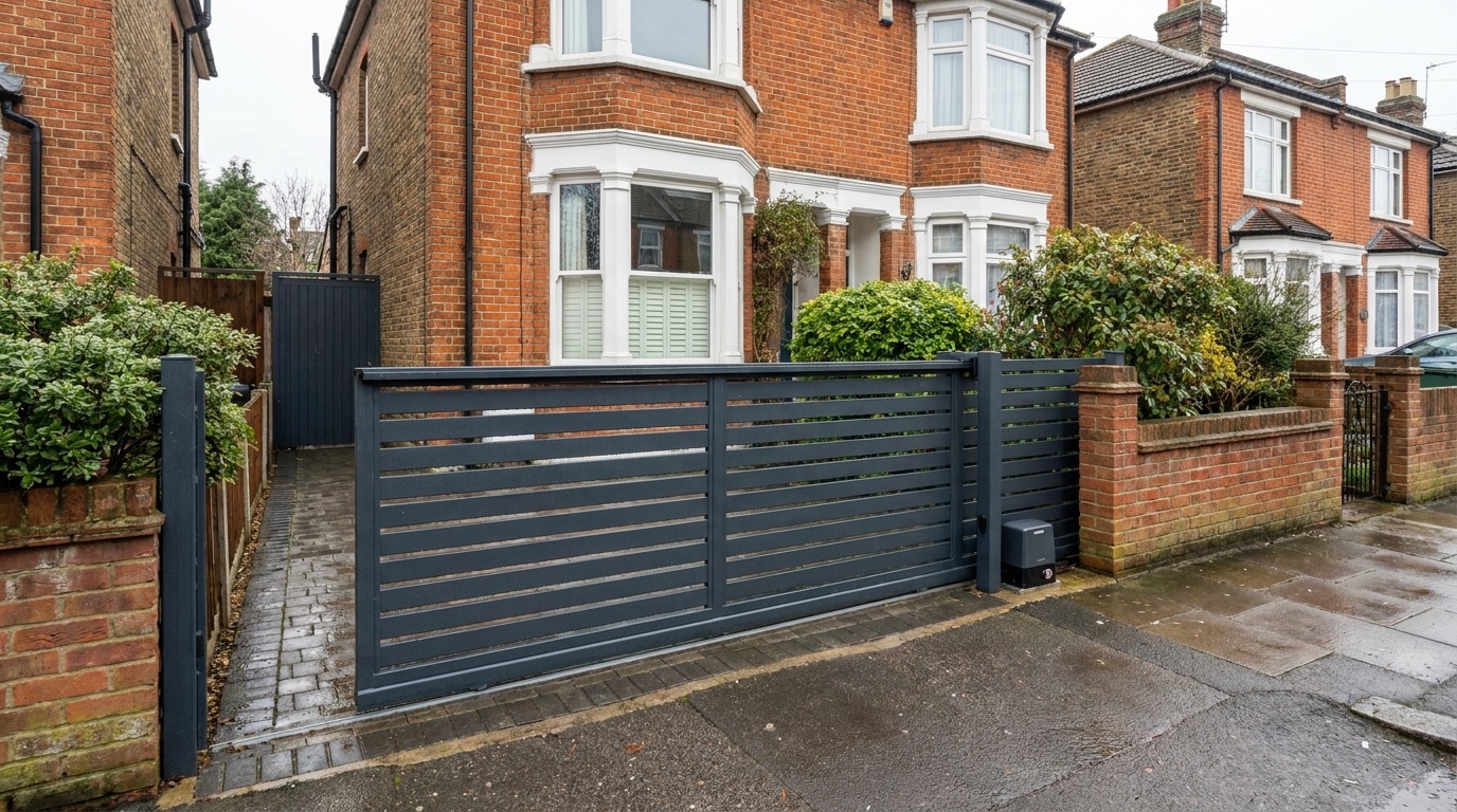 Wide view of the automated sliding gate and driveway